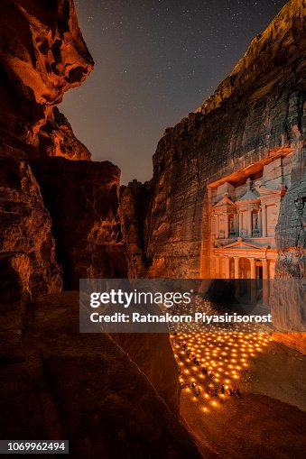 Petra by night ,Night view of Treasury in Petra - Jordan.