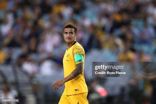 Tim Cahill of Australia reacts during the International Friendly Match between the Australian Socceroos and Lebanon at ANZ Stadium on November 20,...