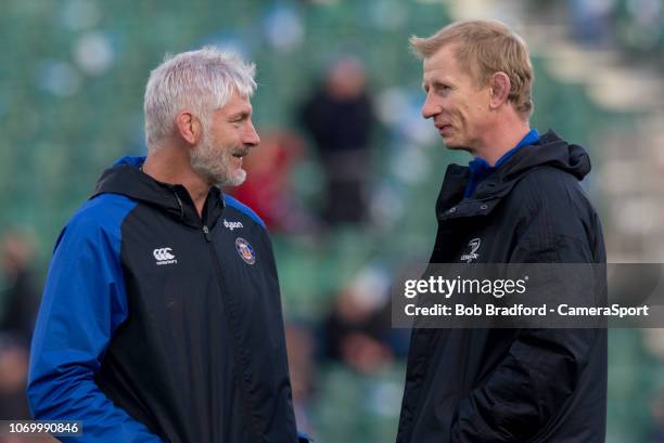 Bath Rugby's Head Coach Todd Blackadder talks to Leinster's Head Coach Leo Cullen during the Champions Cup match between Bath Rugby and Leinster...