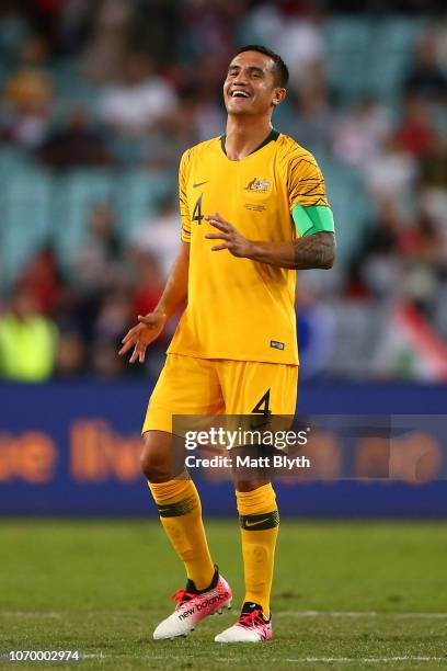 Tim Cahill of Australia celebrates at full-time after playing in his last match during the International Friendly Match between the Australian...