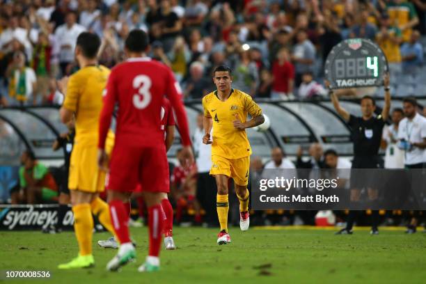 Tim Cahill of Australia runs onto the field during the International Friendly Match between the Australian Socceroos and Lebanon at ANZ Stadium on...