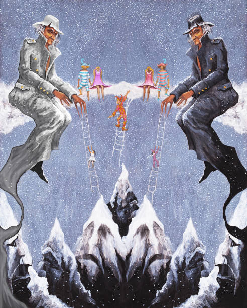 fashionable illustration my original oil painting on canvas artwork winter mountains and travelers climbers in the form of harlequins conquering snowy peaks - acrylic charms stock illustrations