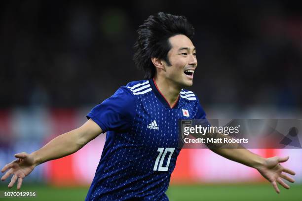 Shoya Nakajima of Japan celebrates scoring a goal during the international friendly match bewteen Japan and Kyrgyz at Toyota Stadium on November 20,...