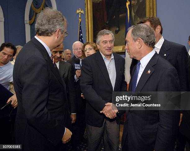 Walter Veltroni, Mayor of Rome, Robert De Niro, and Michael R. Bloomberg, Mayor of New York City, at a press conference announcing a collaboration...