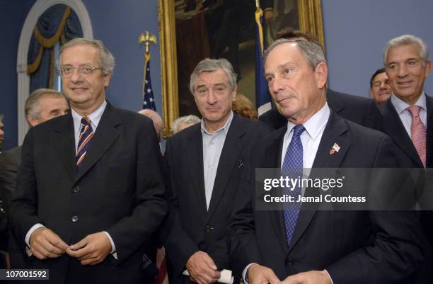 Walter Veltroni, Mayor of Rome, Robert De Niro, and Michael R. Bloomberg, Mayor of New York City, at a press conference announcing a collaboration...