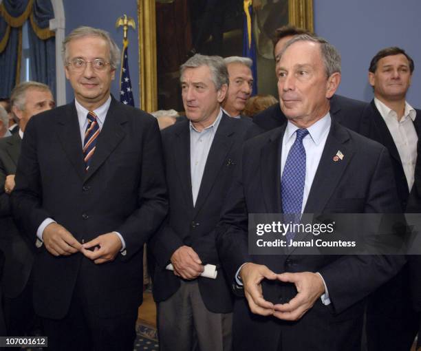 Walter Veltroni, Mayor of Rome, Robert De Niro and Mayor Michael R. Bloomberg, Mayor of New York City, at the press conference announcing a...