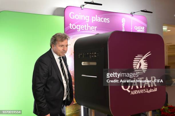 Chief commercial officer Philippe Le Floc'h visits the Qatar stand before the final draw for the FIFA Women's World Cup 2019 at "La Seine Musicale"...