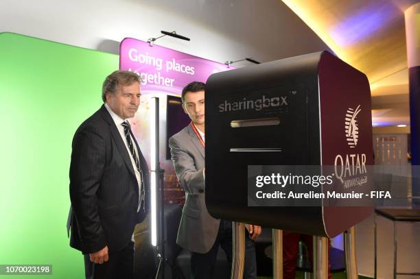 Chief commercial officer Philippe Le Floc'h visits the Qatar stand before the final draw for the FIFA Women's World Cup 2019 at "La Seine Musicale"...