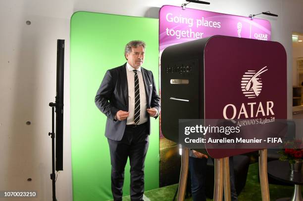 Chief commercial officer Philippe Le Floc'h visits the Qatar stand before the final draw for the FIFA Women's World Cup 2019 at "La Seine Musicale"...