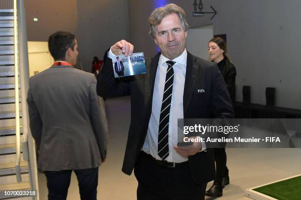 Chief commercial officer Philippe Le Floc'h visits the Qatar stand before the final draw for the FIFA Women's World Cup 2019 at "La Seine Musicale"...