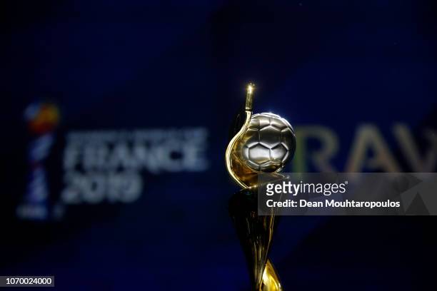 The FIFA Women's World Cup trophy on display during the FIFA Women's World Cup France 2019 Draw at La Seine Musicale on December 8, 2018 in Paris,...