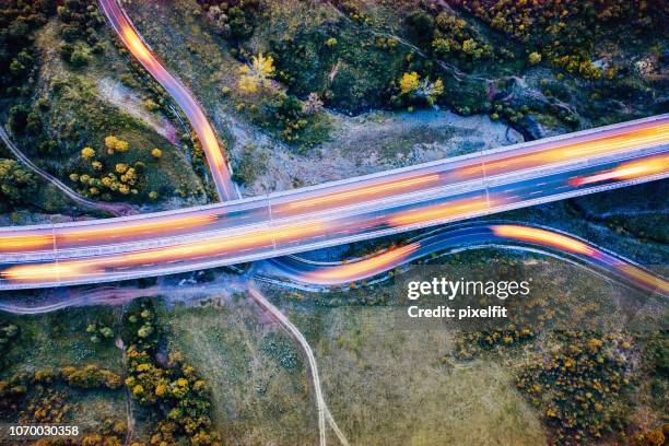 highway viaduct over a curving country road in woody area - light trail nature stock pictures, royalty-free photos & images