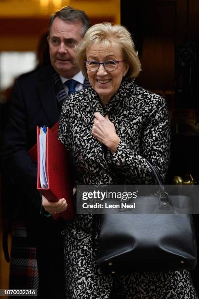 Leader of the House of Commons Andrea Leadsom and International Business Secretary Liam Fox leave number 10, Downing Street following the weekly...