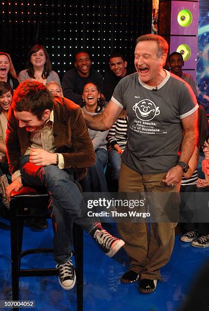 Elijah Wood and Robin Williams during Robin Williams, Elijah Wood, Snoop Dogg and Panic! at the Disco Visit MTVs TRL Gaming Week 2.0 at MTV Studios...