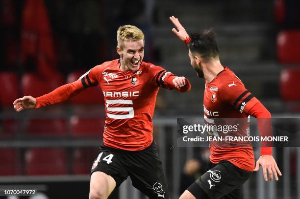 Rennes' French midfielder Benjamin Bourigeaud celebrates after scoring during the French L1 football match between Stade Rennais Football Club and...