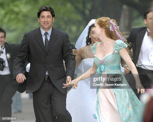 Patrick Dempsey and Amy Adams during Patrick Dempsey, Amy Adams and Jeff Watson on the Set of Disney's "Enchanted" - July 10, 2006 at Central Park in...