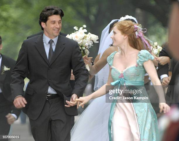 Patrick Dempsey and Amy Adams during Patrick Dempsey, Amy Adams and Jeff Watson on the Set of Disney's "Enchanted" - July 10, 2006 at Central Park in...