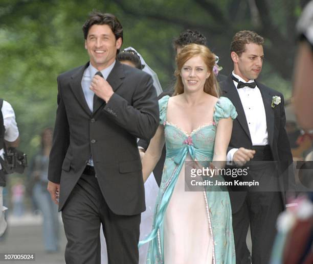 Patrick Dempsey and Amy Adams during Patrick Dempsey, Amy Adams and Jeff Watson on the Set of Disney's "Enchanted" - July 10, 2006 at Central Park in...