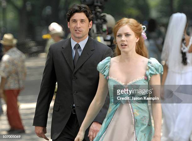 Patrick Dempsey and Amy Adams during Patrick Dempsey, Amy Adams and Jeff Watson on the Set of Disney's "Enchanted" - July 10, 2006 at Central Park in...