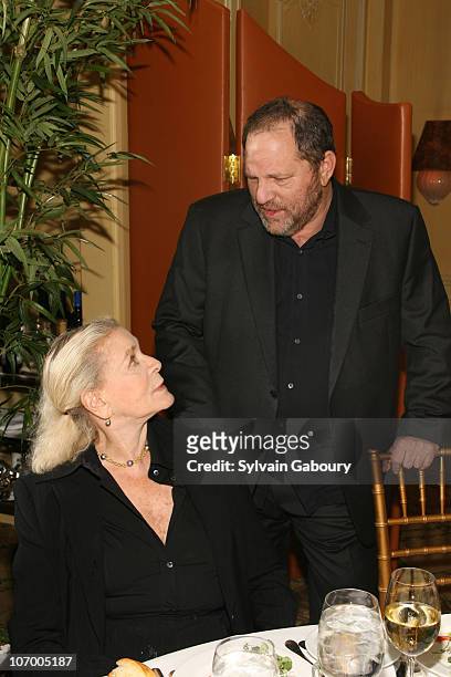 Lauren Bacall and Harvey Weinstein during Harvey Weinstein Hosts a Private Dinner and Screening of "Bobby" for Senators Obama and Schumer at Plaza...
