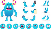 Monster constructor. Eyes mouth emotions parts of cute funny creatures for games vector design creation kit for kids hallowen party