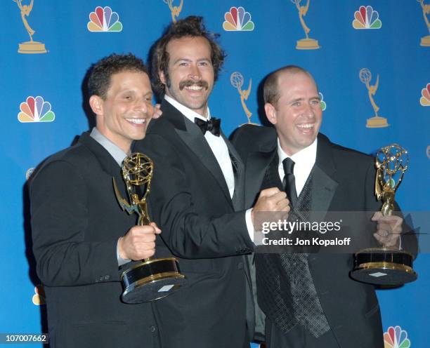 Jason Lee, presenter , with Mark Buckland, winner Outstanding Directing for a Comedy Series for "My Name is Earl", and Greg Garcia, winner...