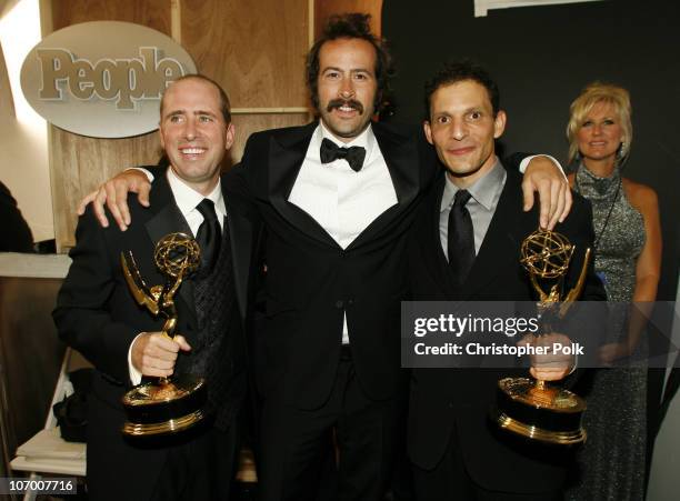 Greg Garcia, winner Outstanding Writing for a Comedy Series for "My Name is Earl," Jason Lee, presenter and Mark Buckland, winner Outstanding...