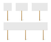 Blank banner mock up on wood stick collection. Vector empty different board plank holder set. Protest signs isolated on white background.