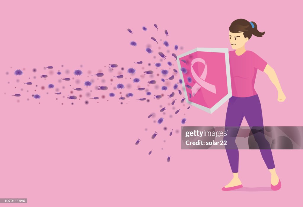 Protect Cancer Woman Used Shield With Breast Cancer Logo For Protect Cancer Cell High ...