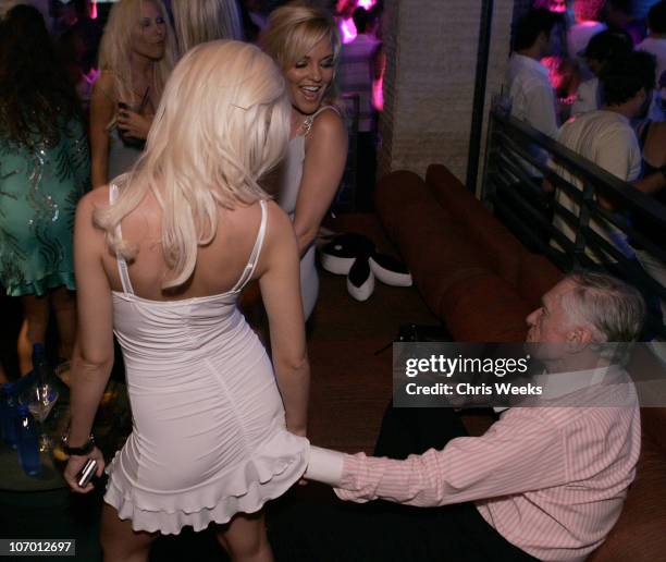 Holly Madison, Bridget Marquardt and Hugh Hefner during Skyy Vodka Celebrates Playboy's August Issue With Playmate of the Year Kara Monaco - Inside...