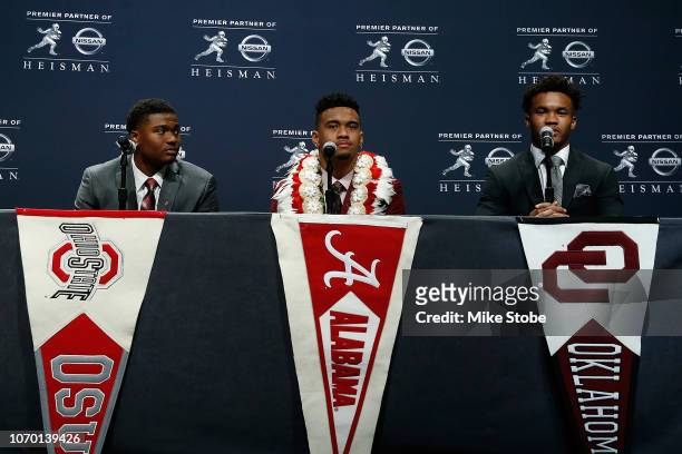 Dwayne Haskins of Ohio State, Kyler Murray of Oklahoma, and Tua Tagovailoa of Alabama speaks at the press conference for the 2018 Heisman Trophy...