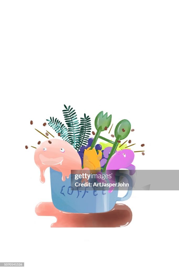 Monsters in a coffee cup, cute and happy