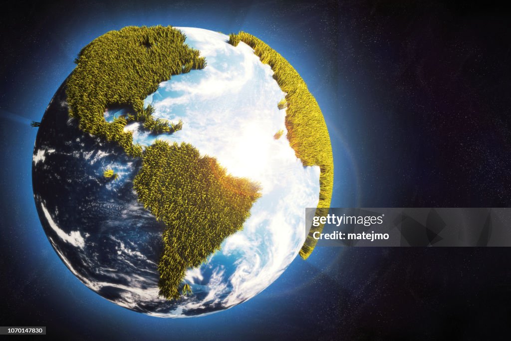 Earth globe in space with cartoony grass continents & glowing atmosphere