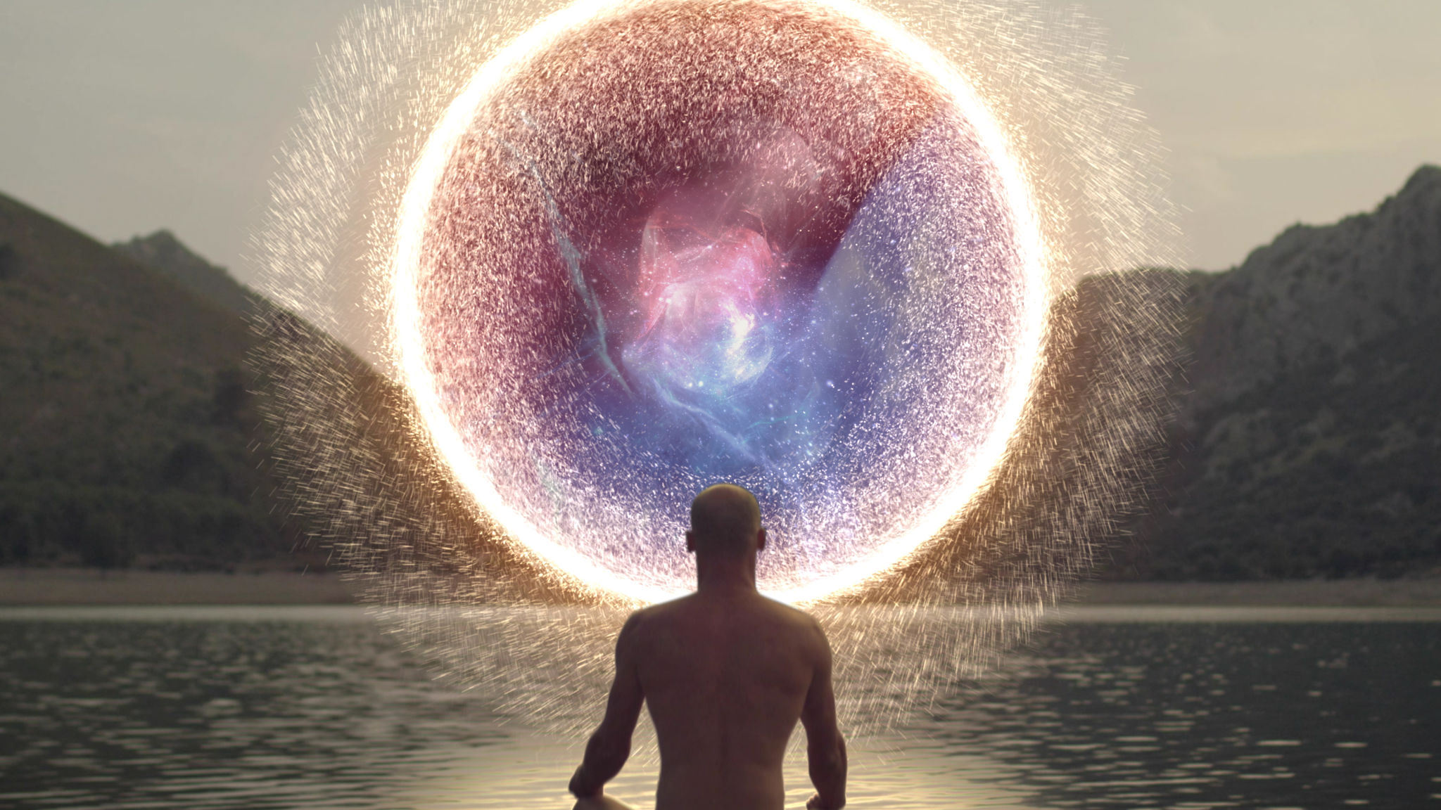 Meditating man opening portal to cosmic energy. Meditating man opening portal to cosmic energy.