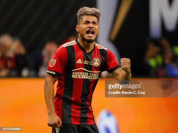 Josef Martinez of Atlanta United reacts after scoring the first goal against the Portland Timbers during the 2018 MLS Cup between Atlanta United and...