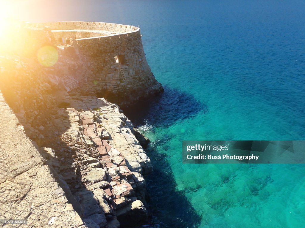 View from above of watchtower in the fortress of Spinalonga, in the island known as Kalydon (Καλυδών) in north-eastern Crete