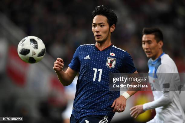 Kenyu Sugimoto of Japan in action during the international friendly match bewteen Japan and Kyrgyz at Toyota Stadium on November 20, 2018 in Toyota,...