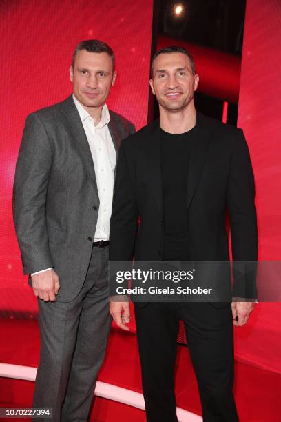 Vitali Klitschko and his brother Wladimir Klitschko during the Ein Herz Fuer Kinder Gala at Studio Berlin Adlershof on December 8, 2018 in Berlin,...