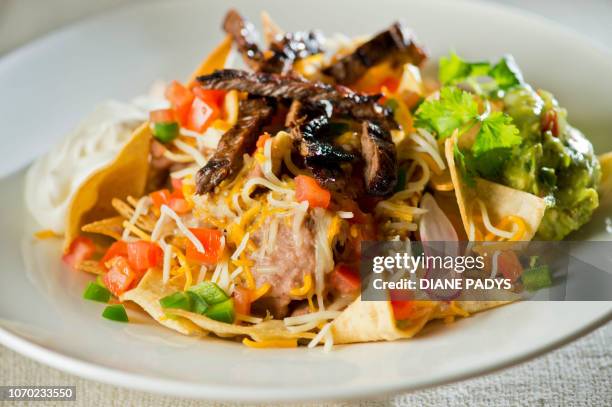 beef nachos, beef wellington, chicken marsala, chicken mole, clam chowder, pasta alfredo with shrimp, and shrimp fajitas - chicken marsala stock pictures, royalty-free photos & images