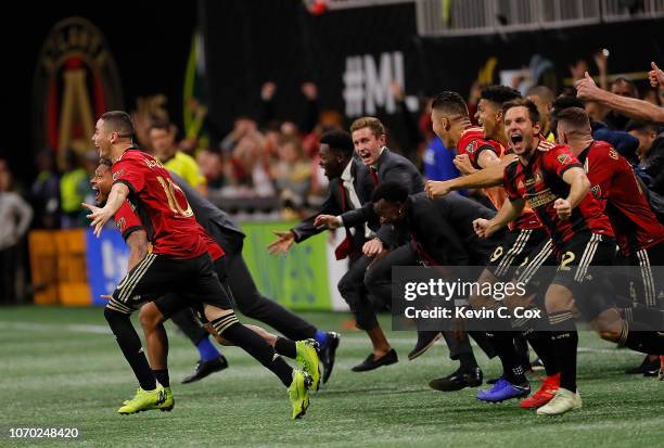 Atlanta United celebrates their 2-0 win over the Portland Timbers during the 2018 MLS Cup between Atlanta United and the Portland Timbers at...