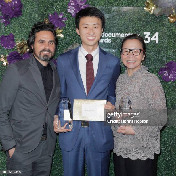 Josh Altman, Bing Liu and Diane Quon, winners of Best Feature Documentary for 'Minding The Gap' attend the 2018 IDA Documentary Awards on December 8,...