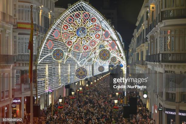 Thousands admire the light and son show on Larios Street, decorated during the Christmas Season 2018. On Saturday, December 8 in Malaga, Andalusia,...