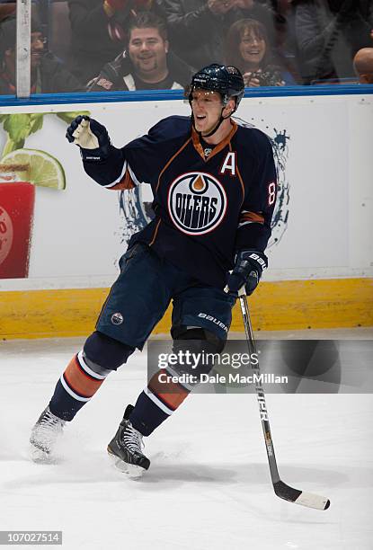 Ales Hemsky of the Edmonton Oilers celebrates after scoring short handed on Ilya Bryzgalov of the Phoenix Coyotes at Rexall Place November 19, 2010...