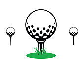 black and white golf ball on a tee with green grass. icon, symbol, sport,