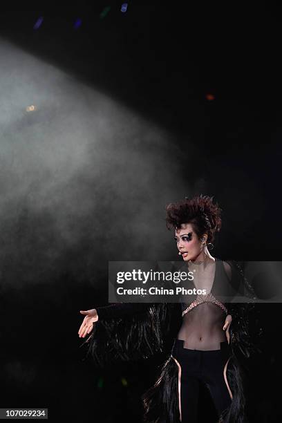 Hong Kong singer Joey Yung Cho Yee performs during her 'Joey Yung Concert Number 6' at the Hong Kong Coliseum on November 19, 2010 in Hong Kong,...