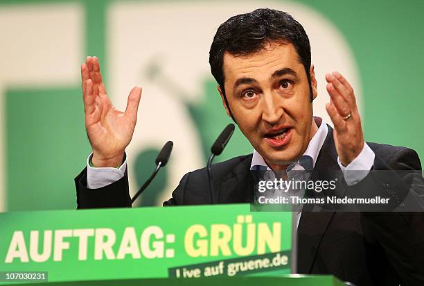 Cem Oezdemir, chairman of the Greens party, speaks at the Greens Party national convention on November 20, 2010 in Freiburg, Germany. The German...