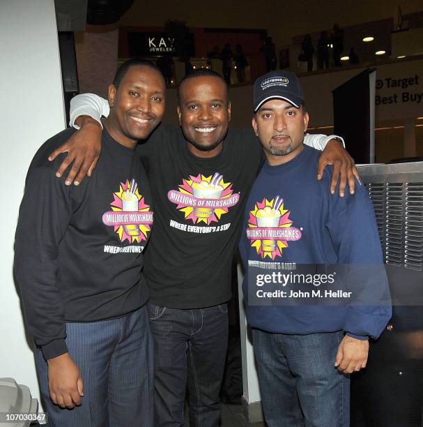 Devon Guzzie, Cory Chrismon and Founder & CEO of Millions of Milkshakes Sheeraz Hasan attend the launching of Mario Lopez's milkshake at Millions Of...