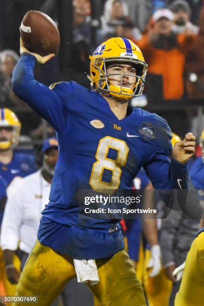 Pittsburgh Panthers quarterback Kenny Pickett passes during the ACC Championship game between the Clemson Tigers and the Pittsburgh Panthers on...