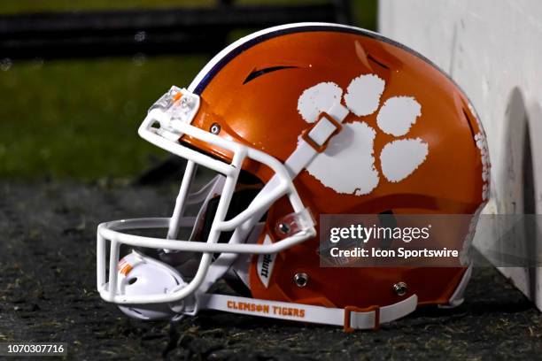 Clemson Tigers helmet rests on the ground in the bench area during the ACC Championship game between the Clemson Tigers and the Pittsburgh Panthers...