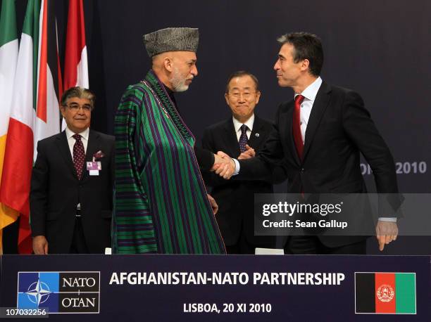 Afghanistan President Hamid Karzai and NATO Secretary General Anders Fogh Rasmussen shake hands after signing a declaration for the Afghanistan-NATO...